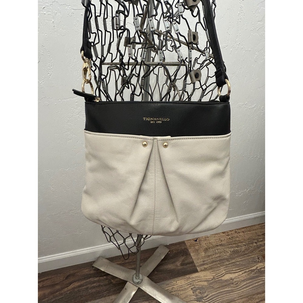 Tignanello Black Cream Leather Crossbody Bag Gold Hardware Colorblock Purse